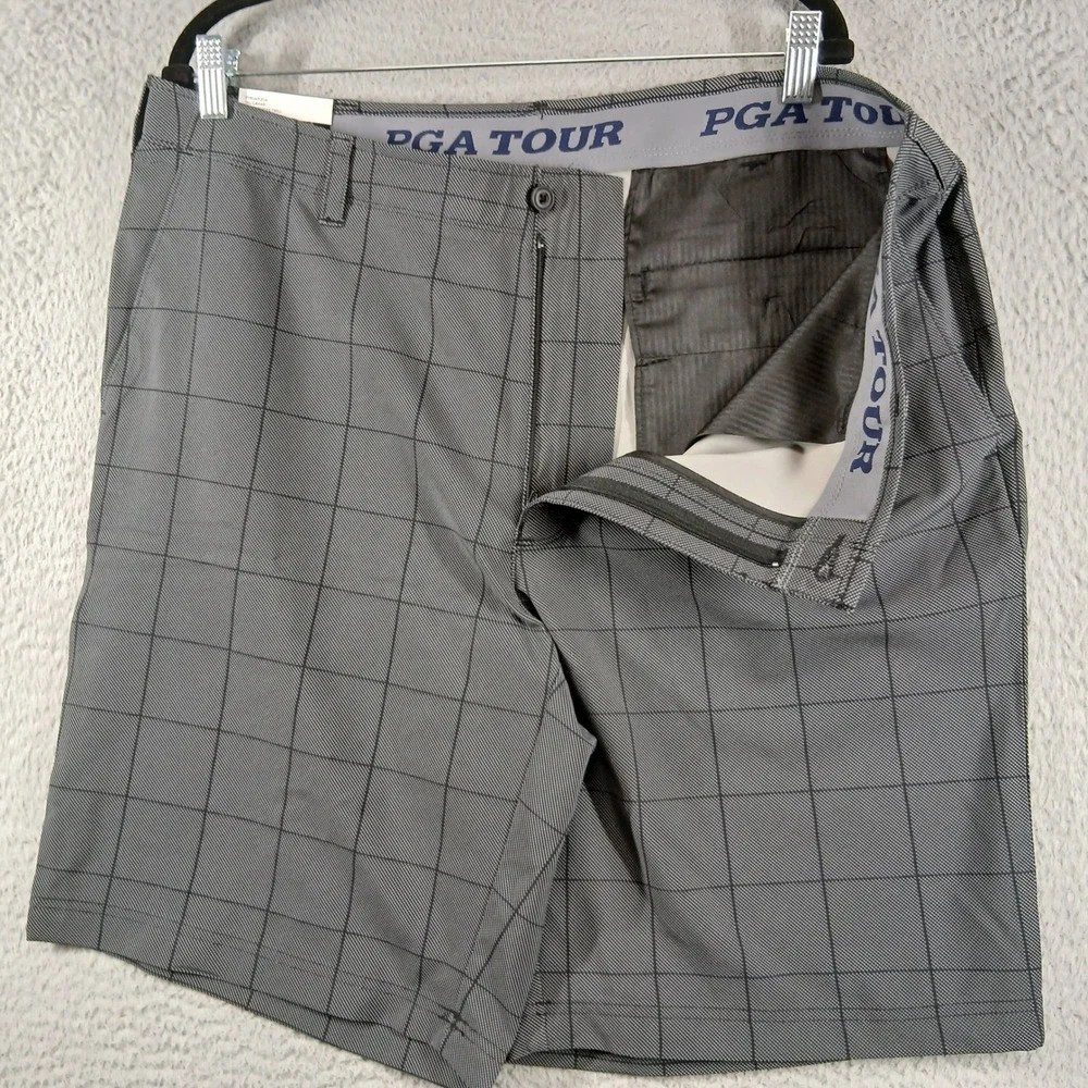PGA TOUR Golf Shorts Active Waistband Stretch Accessory Pocket 40 Grey Plaid NWT